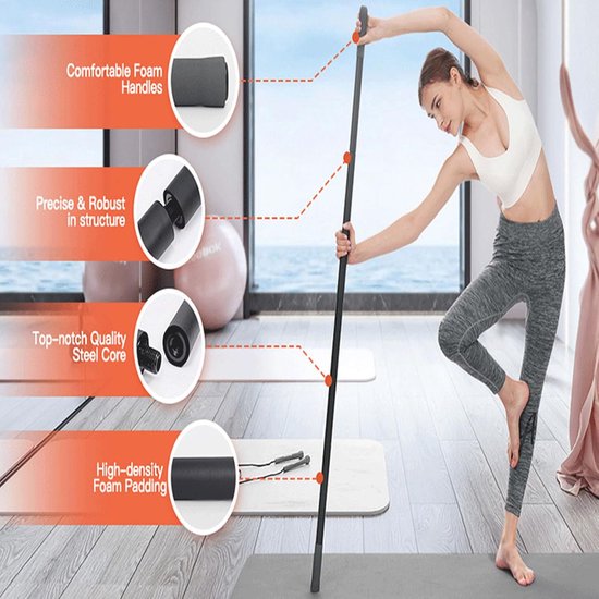 Yogastick Pilates Bar - Fitness Stok - Flexibiliteit Verbeteren - Verstelbare Lengte - 4 Stalen Staven - Zwart — afbeelding 2