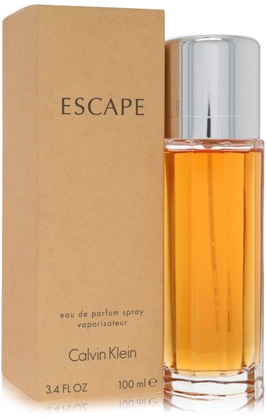 Calvin Klein Escape 100 ml parfumfles met zilverkleurige dop, naast de beige verpakking.