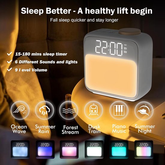 Wake-up Light Wekker met Zonsopgang Simulatie en Geluidsmachine - Nachtlampje & Dubbel Alarm van Wake-up Light — afbeelding 3