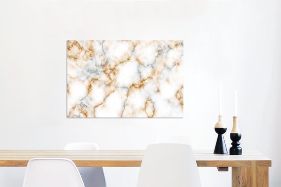 Aluminium schilderij 60x40 cm - Wanddecoratie metaal - Marmer - Wit - Grijs - Goud - Metalen muurdecoratie woonkamer - Decoratie industrieel - Foto op dibond - Industriële accessoires slaapkamer