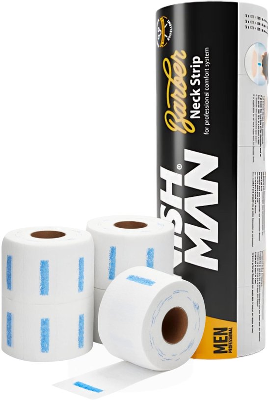 Rol nekpapier van Nish Man met opgerolde stukken nekpapier met blauwe strepen.