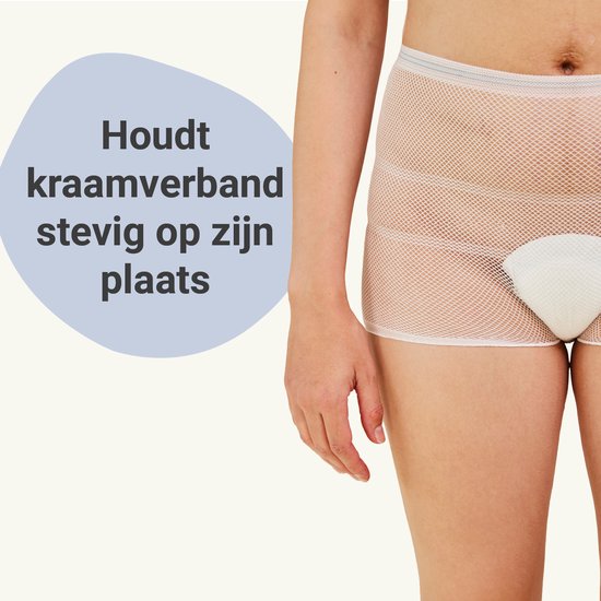 Netbroekje met witte pad, houdt kraamverband stevig op zijn plaats. Licht en ademend.