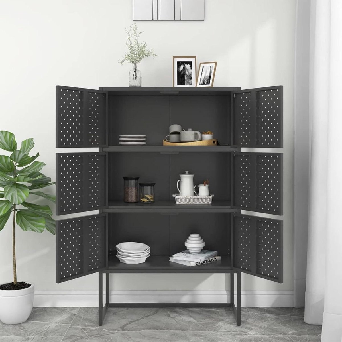 Opbergkast Staal - Bijzetkast Dressoir - Ruimte Creëren - Stelpoten - 80x35x135 cm - Antra