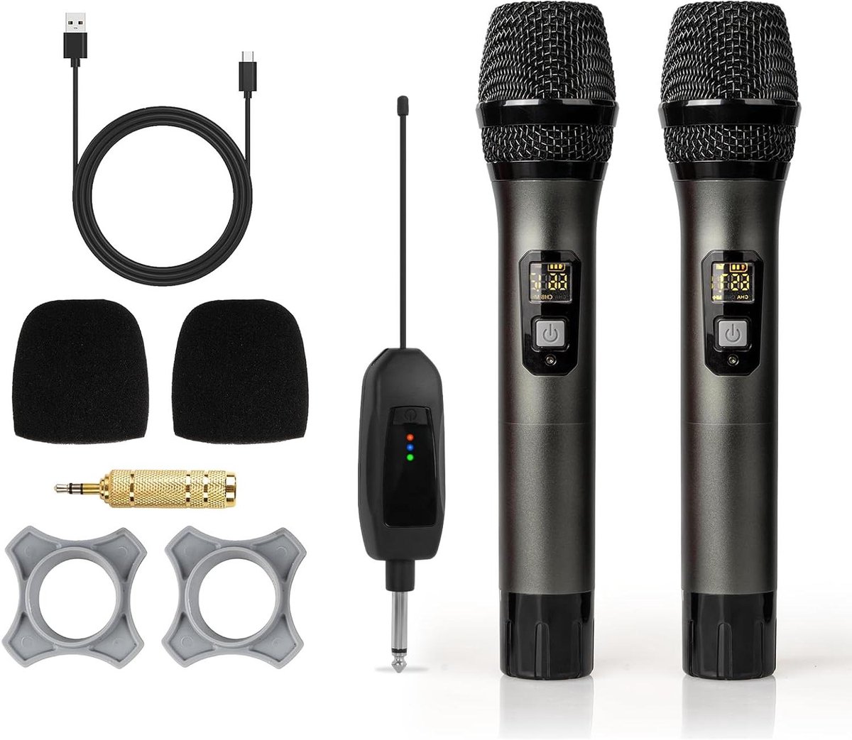 Draadloze Dubbele Microfoon - Handmicrofoon Set - Zingen en Spreken - UHF Interferentie Vrij - 60 m Bereik - Grijs