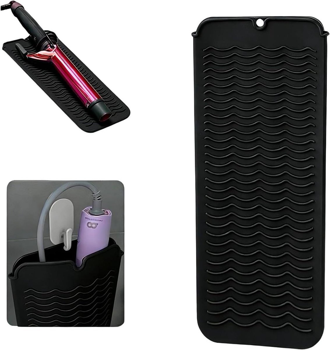 Hittebestendige siliconen mat - Stylingtool opbergzak - Stylingtools beschermen - Met ophanggat - 28 x 12 cm - Zwart