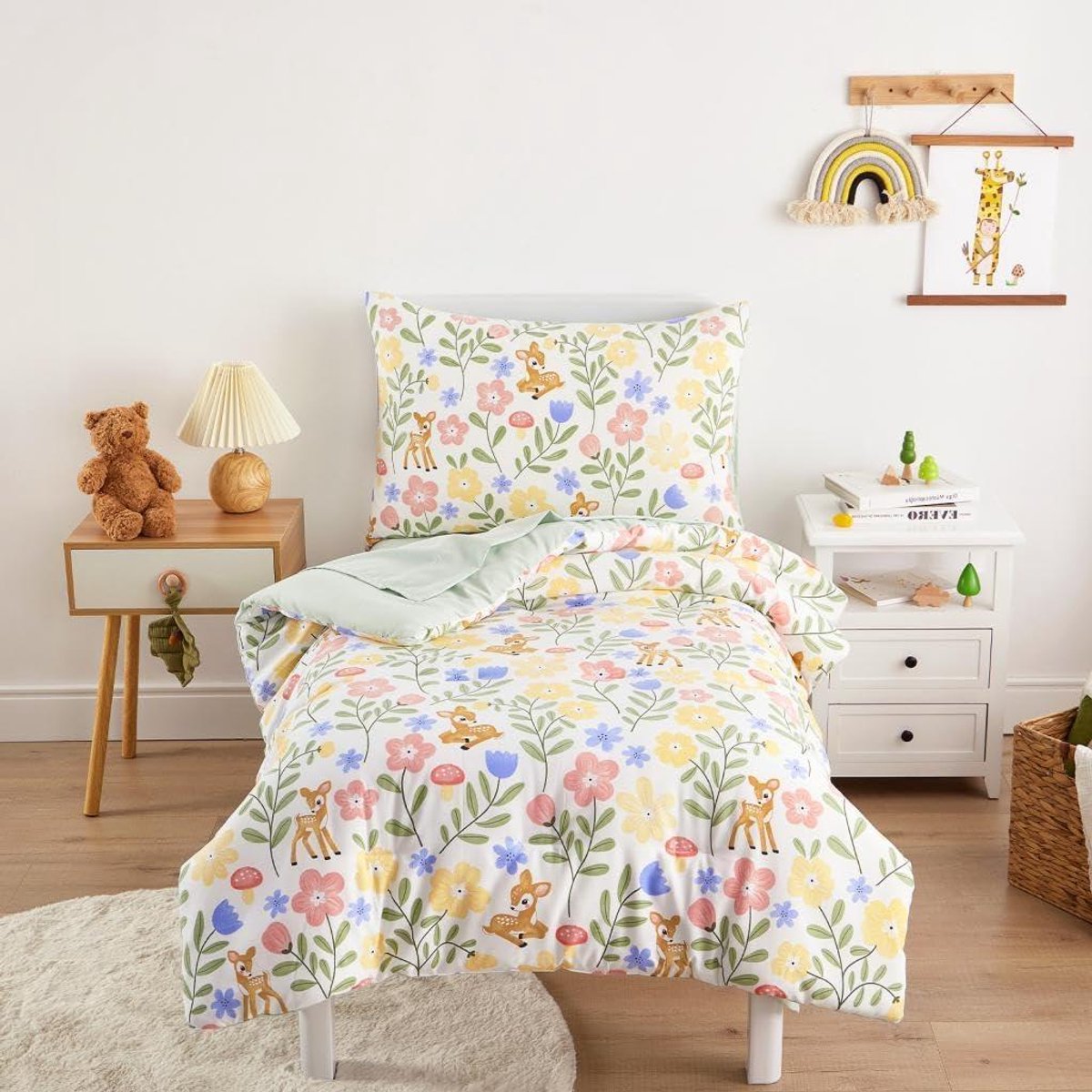 Peuter beddengoed set - Wieg beddengoed Kinderbeddengoed - Comfortabel slapen - 4-delige set - 1067 x 1448 cm - Bloemen Herten