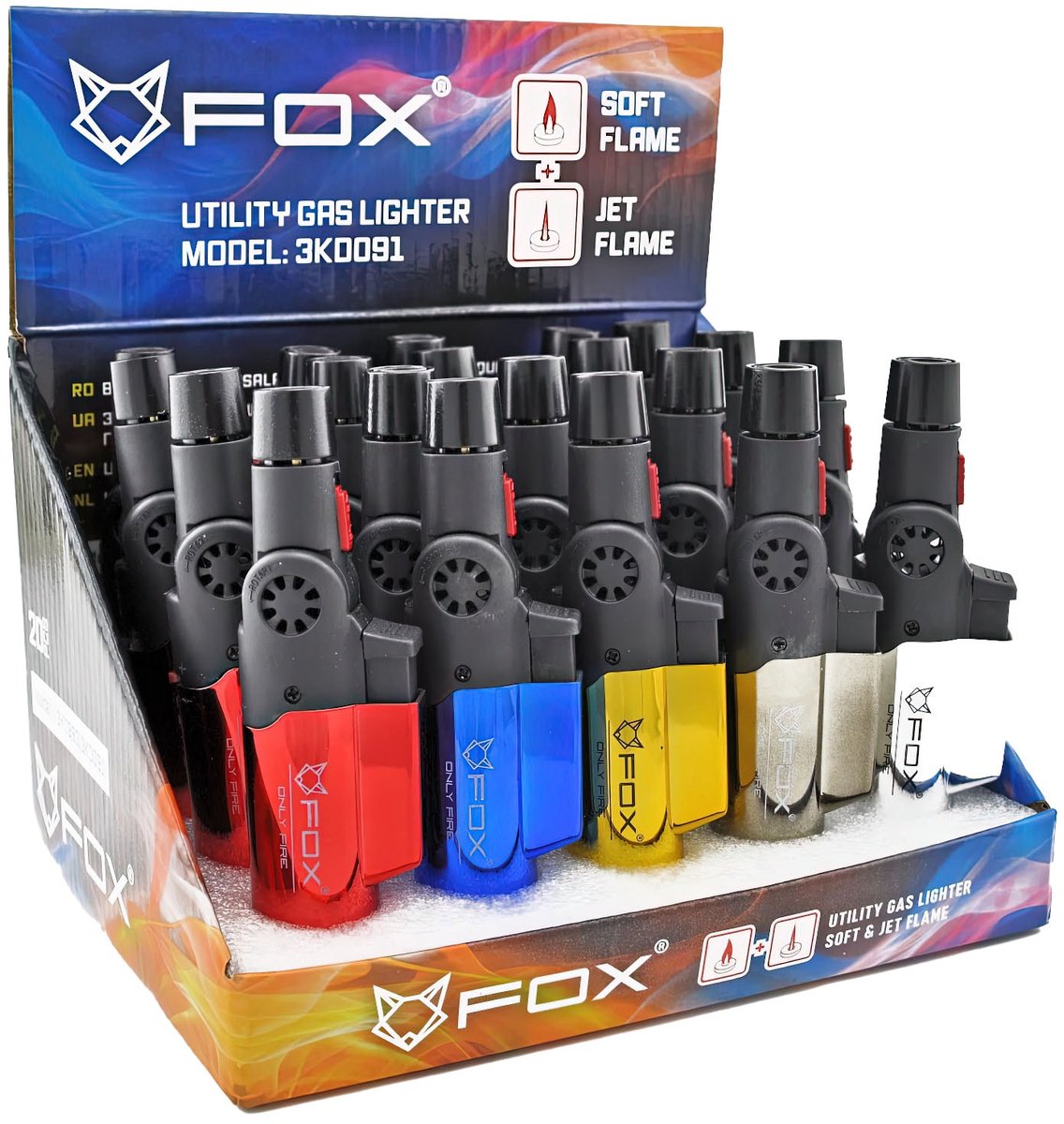 Fox Mini Dual Flame (Soft+JetFlame) Aanstekers - Display van 20 stuks