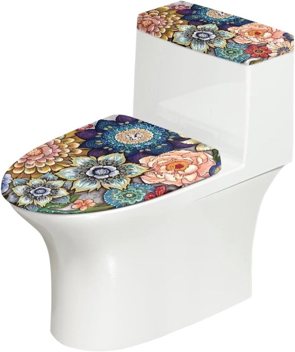 Toiletdekselhoezen Set - WC Brilhoezen - Badkamer Decoratie - Wasbaar en Herbruikbaar - 38-53 cm - Boho Bloem