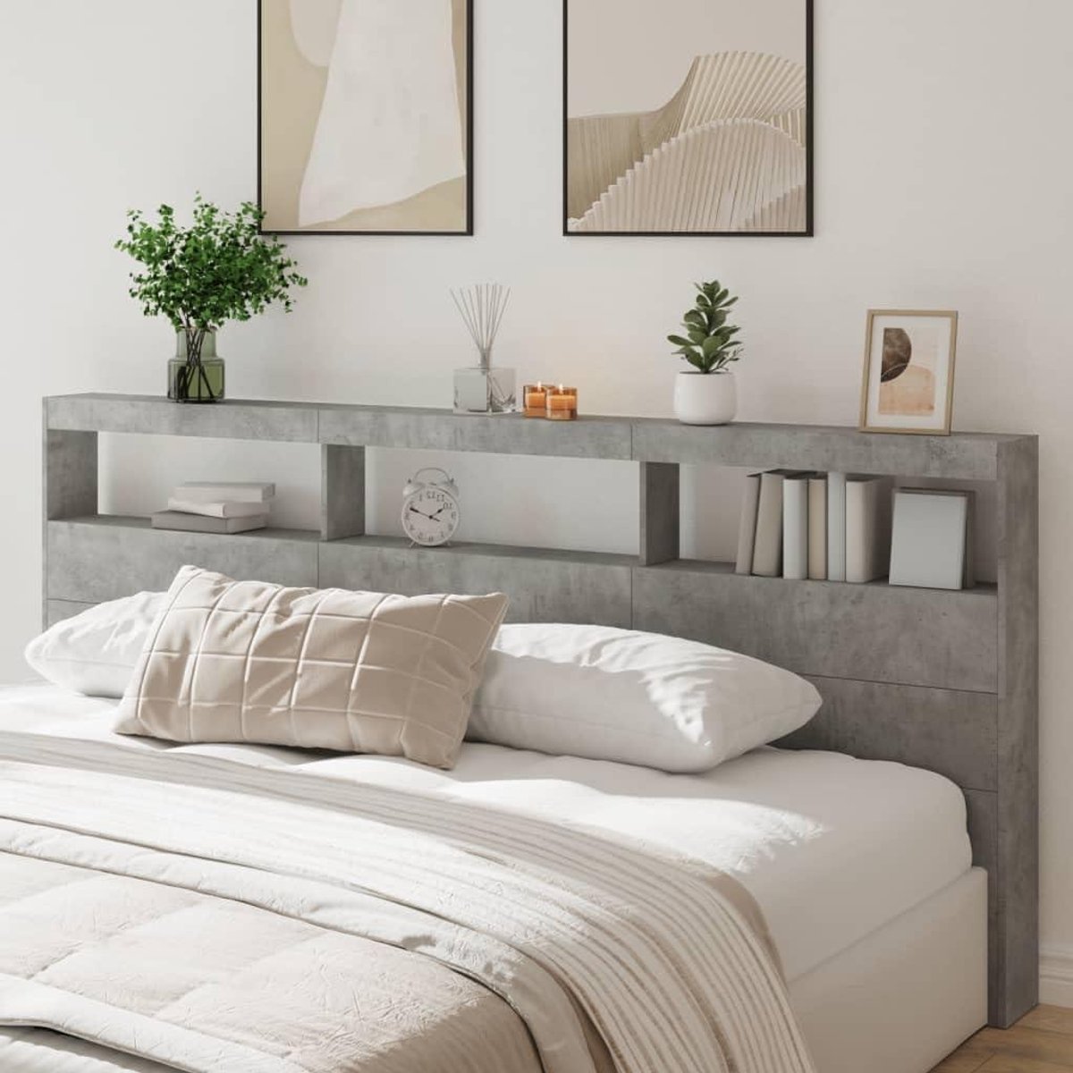 Hoofdeinde met opbergruimte - Bed hoofdbord - Slaapkamer decoreren - Geïntegreerde RGB-ledverlichting - 220 x 17 x 102 cm - Cementgrijs