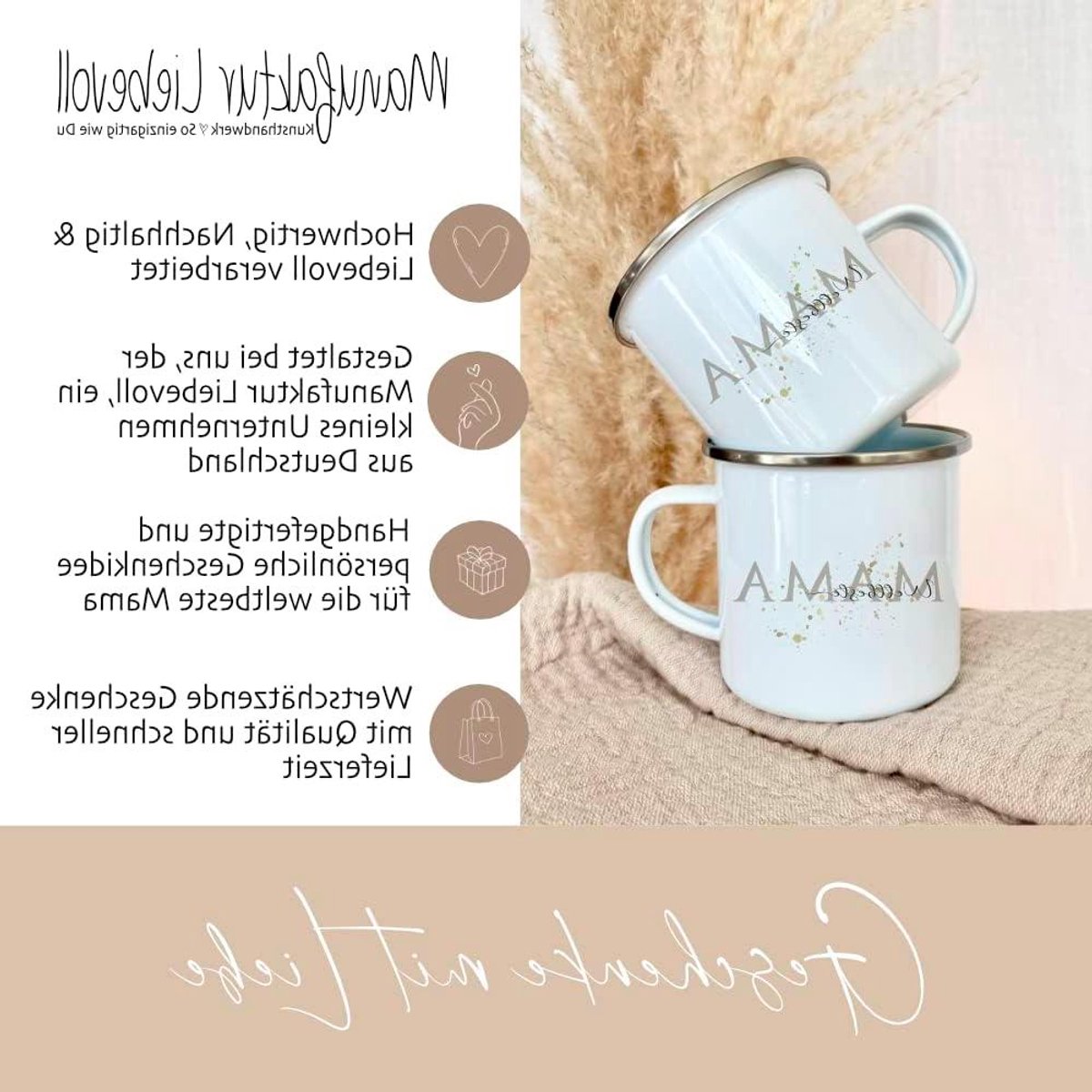 Emaille Mok - Koffiemok Beker - Cadeau voor Mama - Met Geschenkhanger - 300 ml - Wit