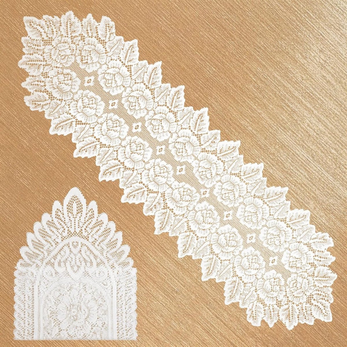 Elegante Witte Kant Tafelrunner en Doilies, Boho Rectangulaire Tafelkleed voor Bruiloft, Babyshower en Feestdecoratie (120x35cm)