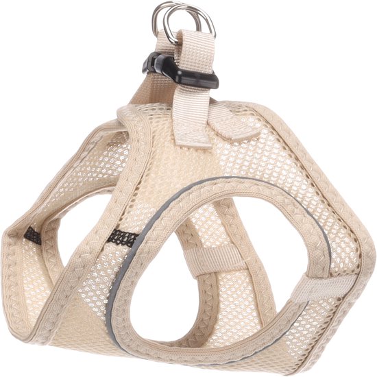 Beige hondentuigje met mesh-stof, beige randen met textuur en reflecterende bies.