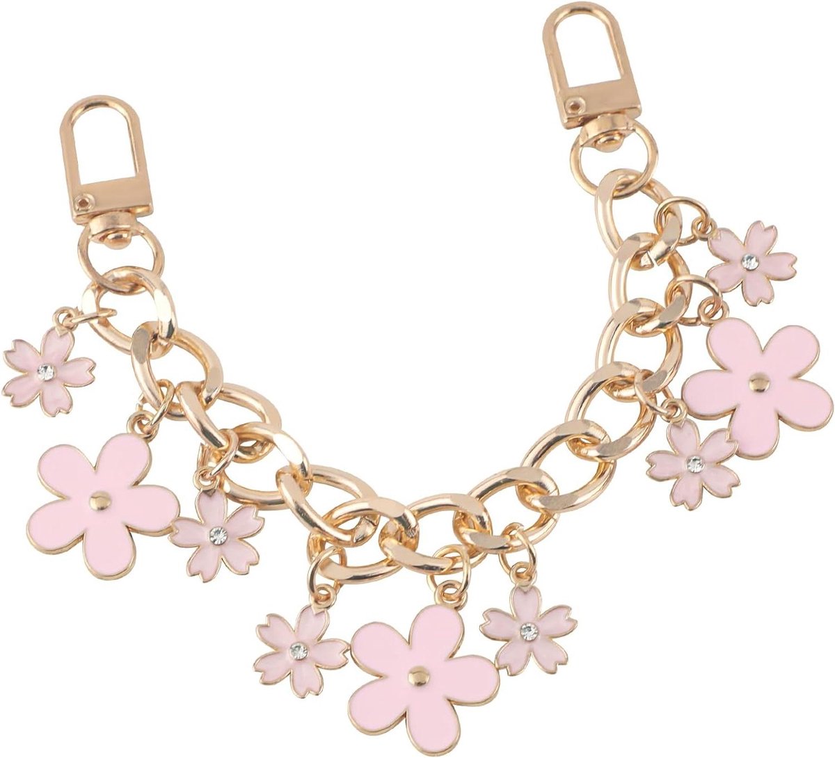 Handtas Kettingriem - Tas Decoratie - Tassen Personaliseren - Roze Bloemen Bedeltjes - 198 cm - Goud