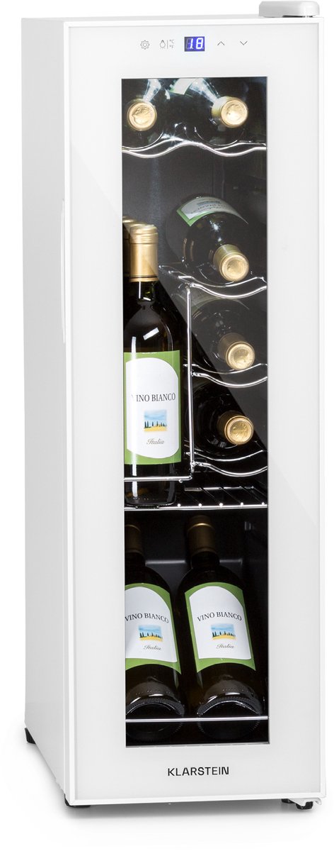 Klarstein Wijnkoeler Wijnkoelkast 1 Zone – Vrijstaande Wijnklimaatkast 32L – Compacte Drankenkoelkast met Glazen Deur – Binnen/Buiten Gebruik – voor 12 Flessen - 45 cm - voor Bar - Touch - LED - Wijnkast - Wine Cooler - Wine Fridge