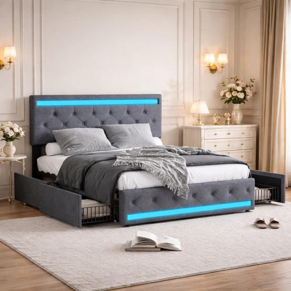 Tweepersoonsbed met Laden - Ladebed Bedframe - Opbergen en Slapen - Geïntegreerde USB-poorten - 140 x 190 cm - Donkergrijs