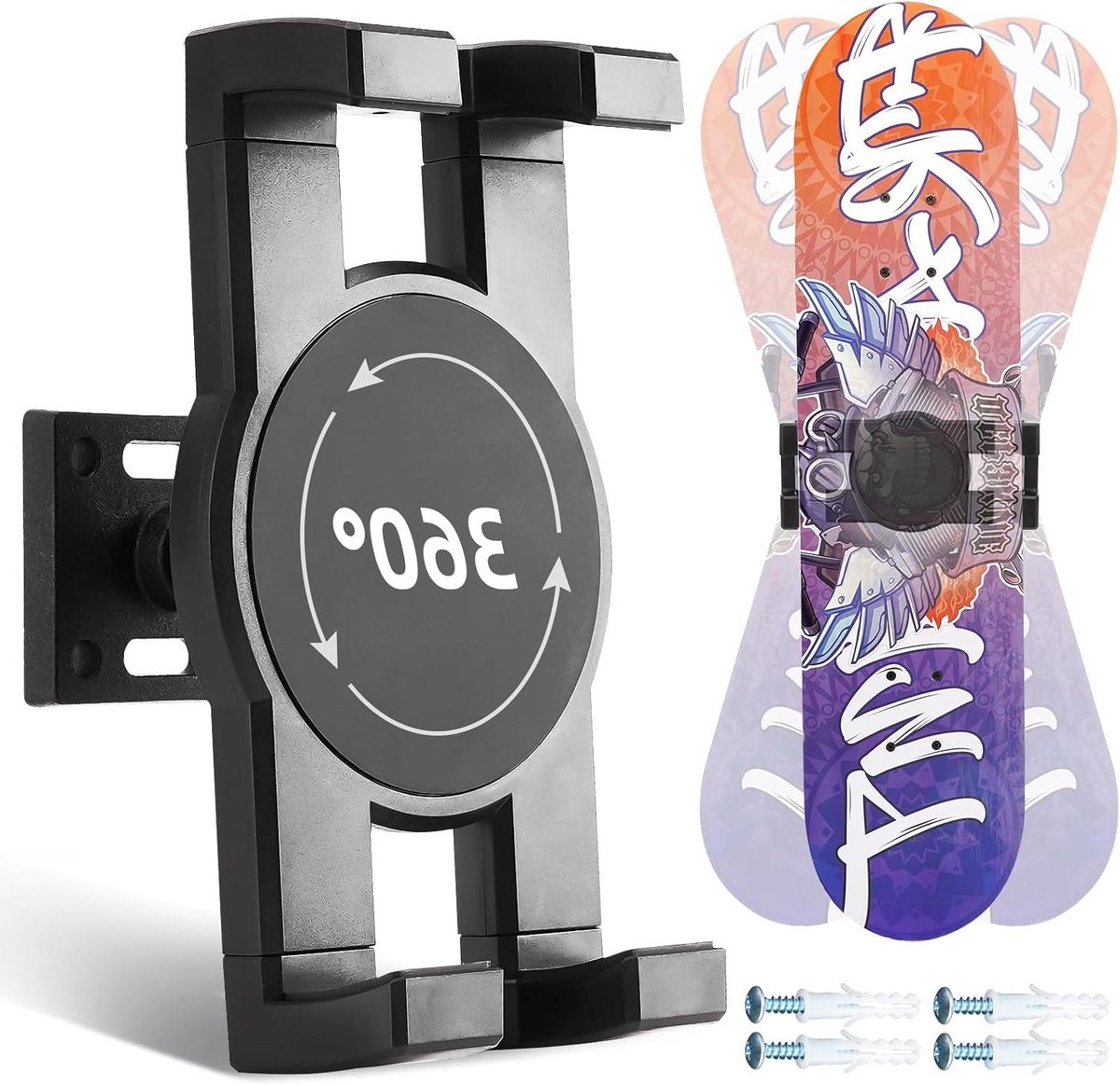 Skateboard Wandhanger - Skateboard Display - Skateboard Tonen - 360 Graden Draaibaar - 4.4 - 10.2 Inch Breed - Zwart