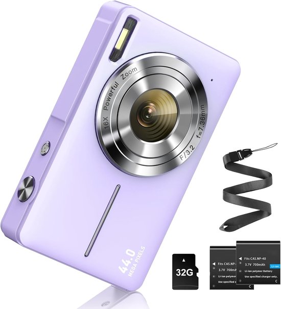 Digitale camera FHD 1080p 44MP met 32GB geheugenkaart, 16x digitale zoom, draagbare en eenvoudige digitale camera met batterij voor kinderen, studenten, tieners en beginners. Paars.