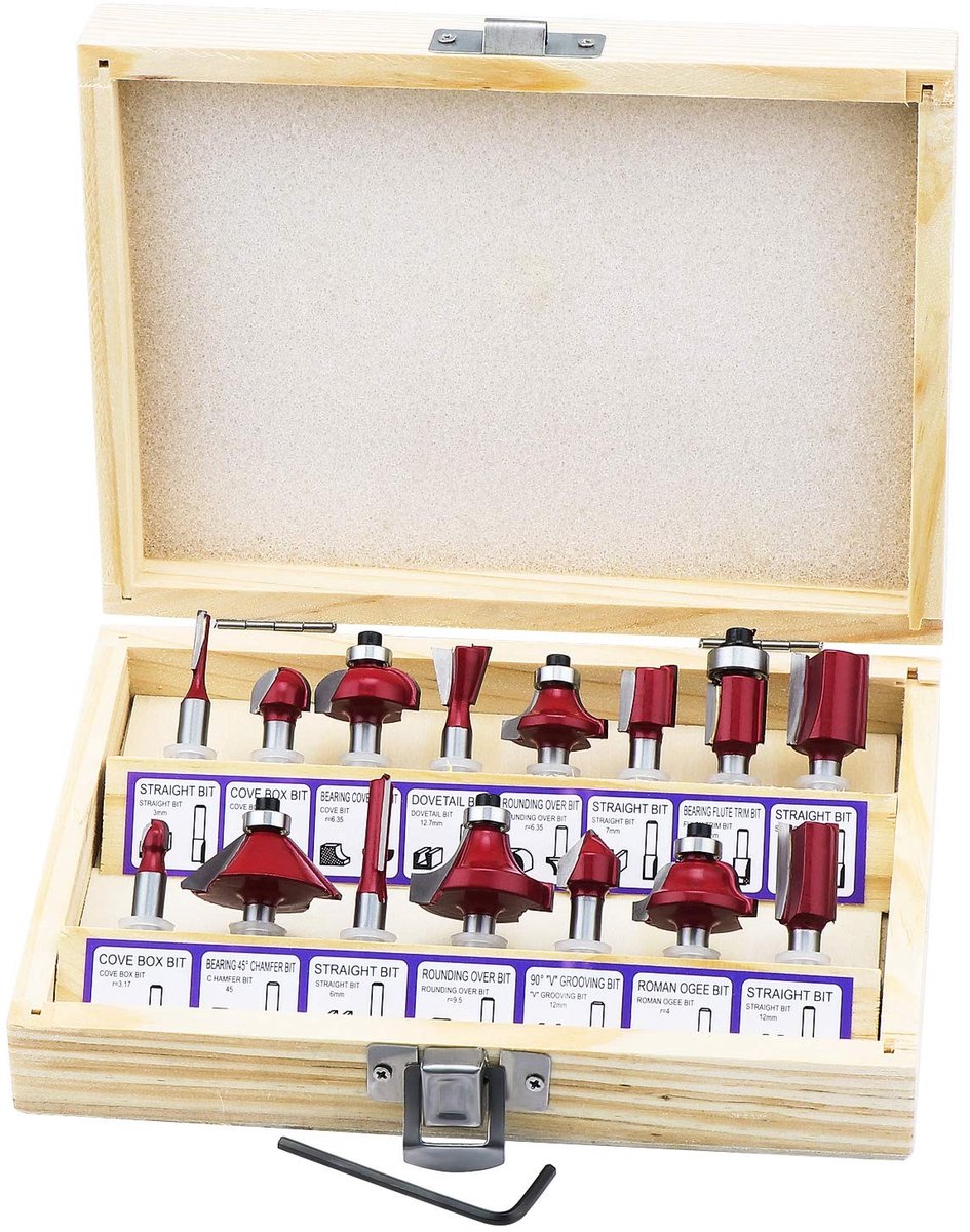 aladdien - Router Bits Set - 15-delige set - Perfect voor houtbewerking - 0.25 inch - Freesgereedschap - Geschikt voor handmatige routers - H...