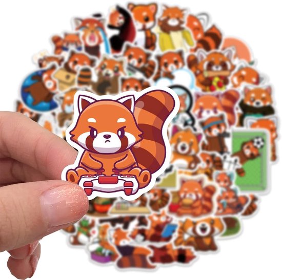 Hand die een rode panda sticker vasthoudt met een gamecontroller. Mix van 50 rode panda stickers.