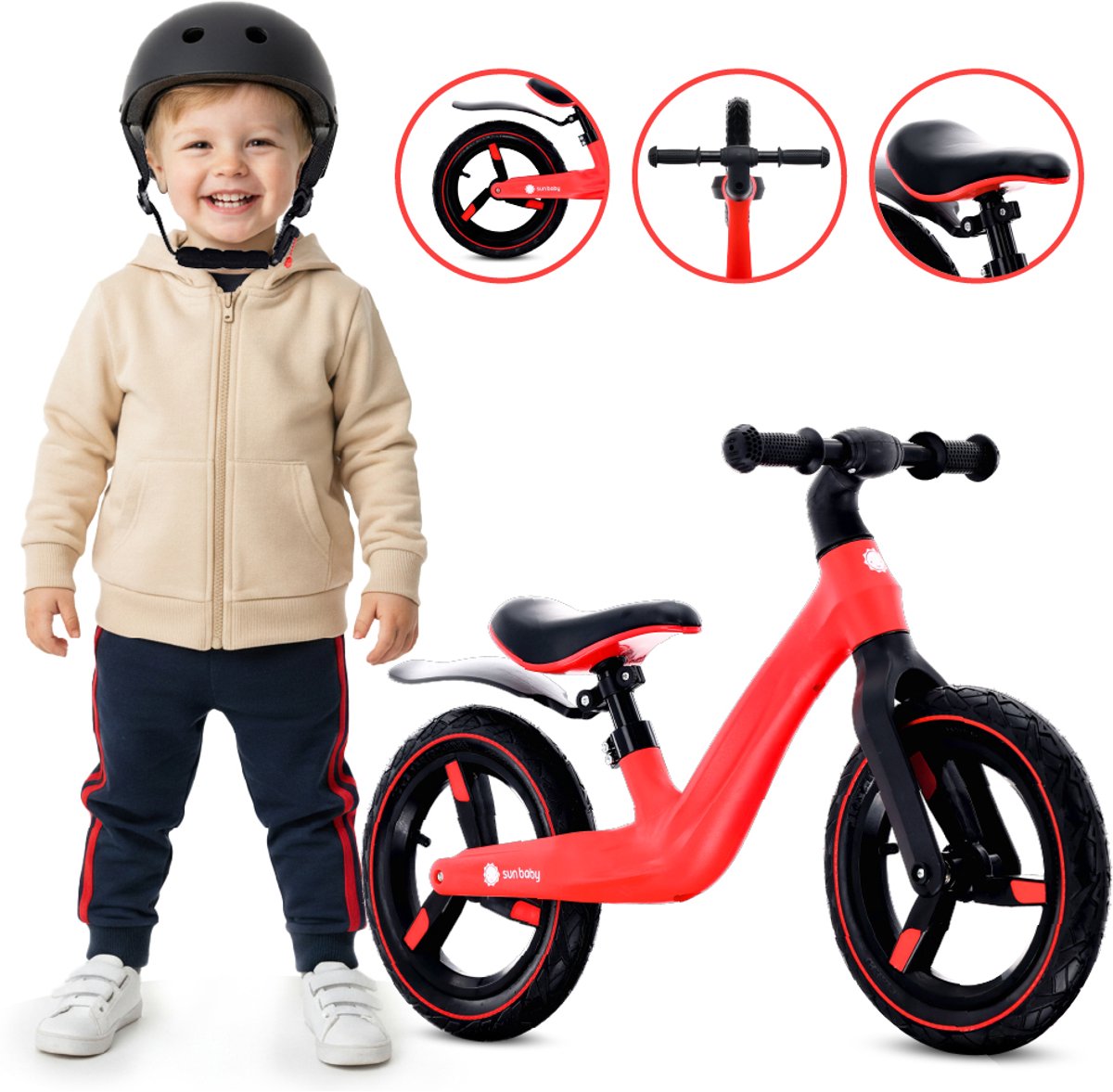 sun baby Loopfiets voor Kinderen Sport - 2 jaar, max. 30 kg, Loopfietsen, nylon frame, luchtbanden, verstelbaar zadel en stuur - Rood