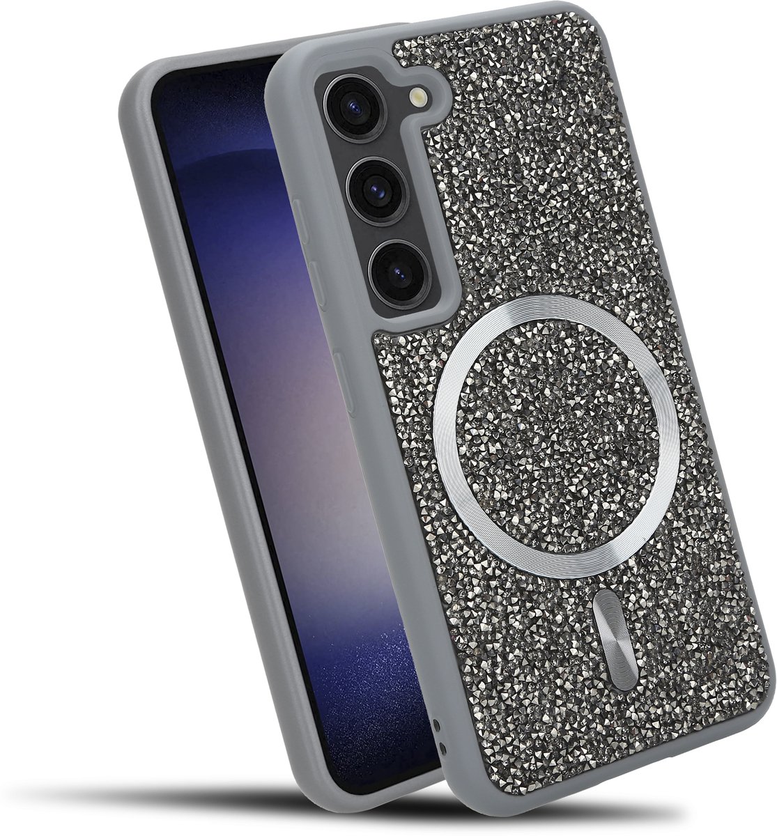 Hoesje geschikt voor Samsung Galaxy S23 in Grijs Diamant Glitter Stijl