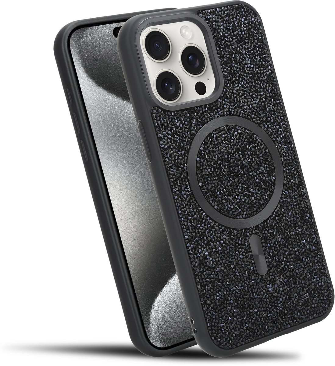 Hoesje geschikt voor iPhone 15 PRO in Zwart Diamant Glitter Stijl