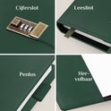 Collage van vier afbeeldingen: cijferslot, leeslint, penlus en herbruikbare kaft van groen dagboek