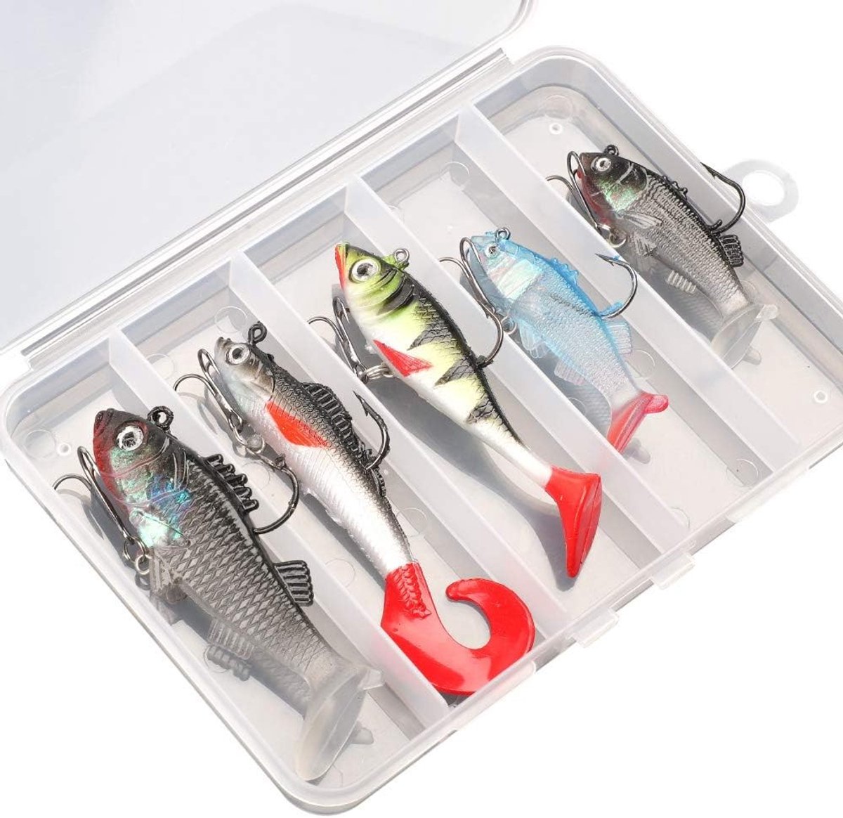 Set van 5 Zachte Vissersaas voor Baars, Forel, Zalm en Snoek met Spinning Bait en Siliconen Aas, Gewichten van 8g tot 16g voor Effectieve Vangsten
