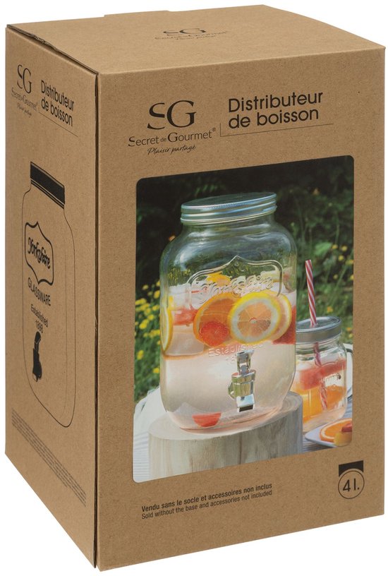 Verpakking van een 4 liter glazen drankdispenser met kraantje.