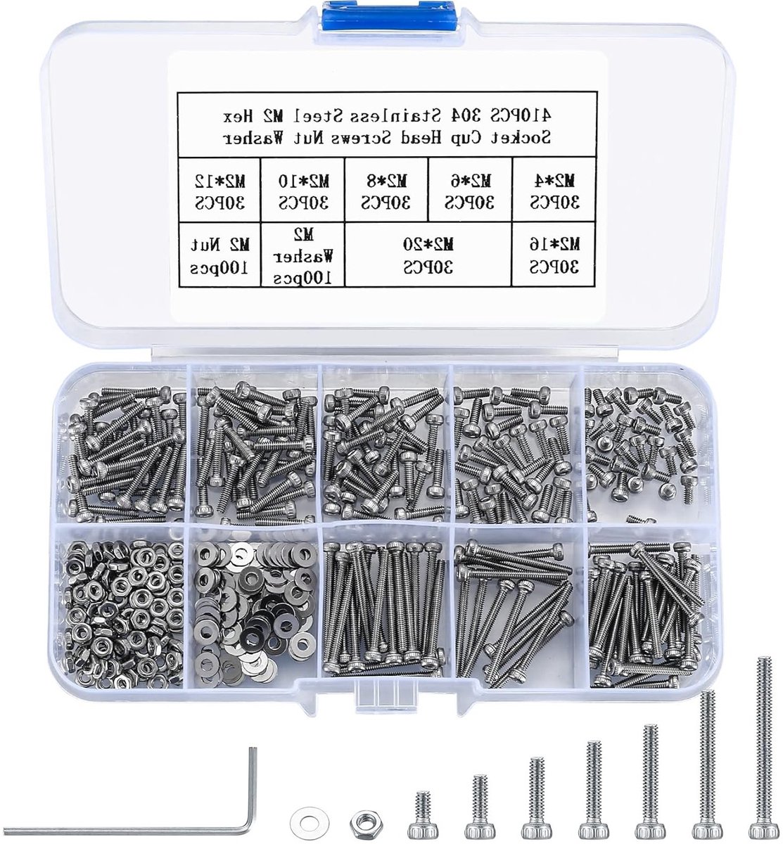 Complete Set van 410 Stuks M2 Inbusschroeven, RVS Hex Schroeven, Moeren en Ringetjes met Inbussleutels voor Diverse Toepassingen