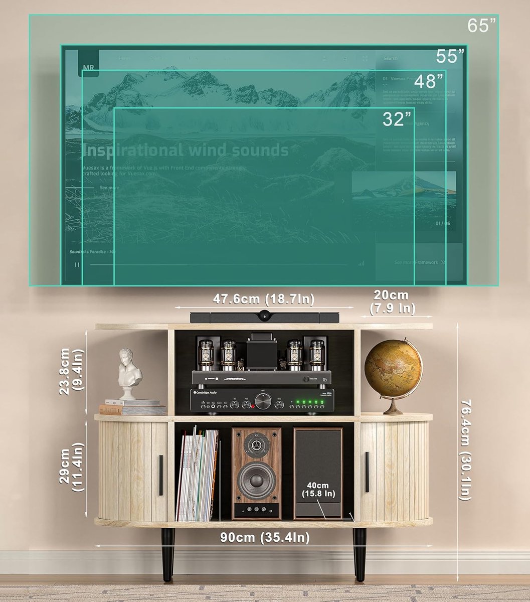 TV-Kast 65 Inch Mid-Century Hout 76,5 cm Hoog met Geribbelde Schuifdeuren en Opbergruimte, TV-Meubel met Afgeronde Hoeken – Urbanhome