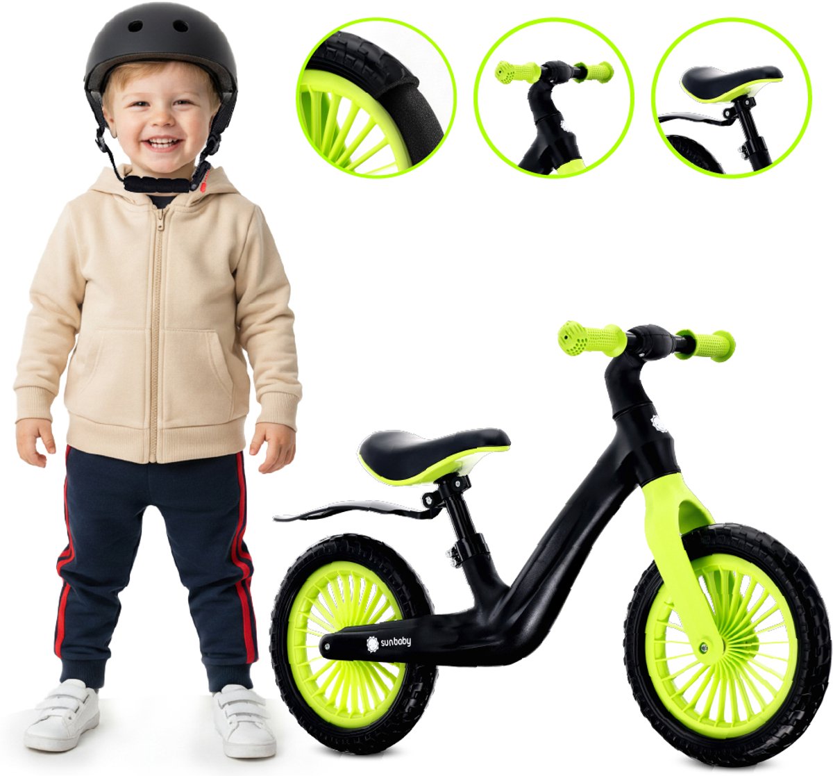 sun baby Loopfiets voor Kinderen Sport - 2 jaar, max. 30 kg, Loopfietsen, nylon frame, EVA-wielen, verstelbaar zadel en stuur - Zwart-geel