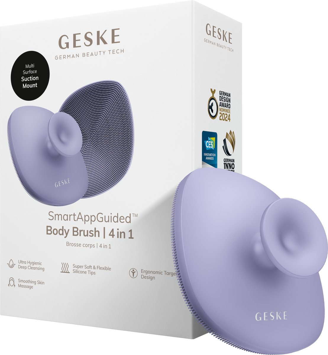 GESKE Body Brush | 4 in 1 | Reinigingsborstel voor het hele lichaam | Dieptereiniging | Zachte siliconen borstelharen | Ergonomisch ontwerp met twee vingers | Reinigingen en massages