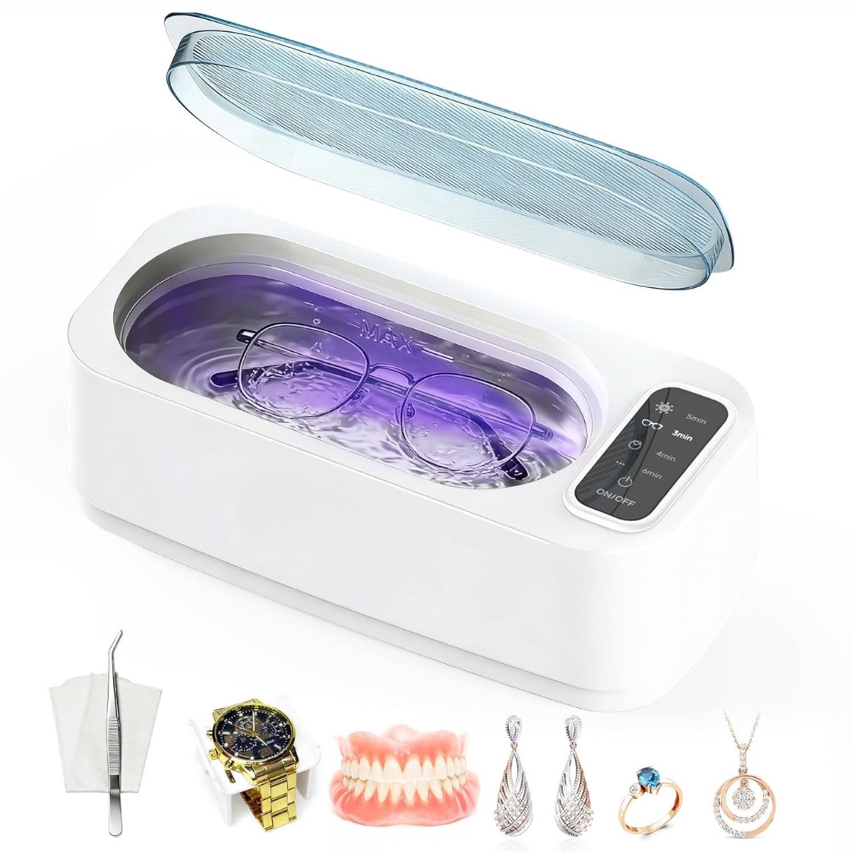 DYNA® Brillenbad - Reinigingsapparaat - Ultrasone Bad - Compact - met 4 Standen - Wit - 21cm x 10cm x 7cm; 400 g