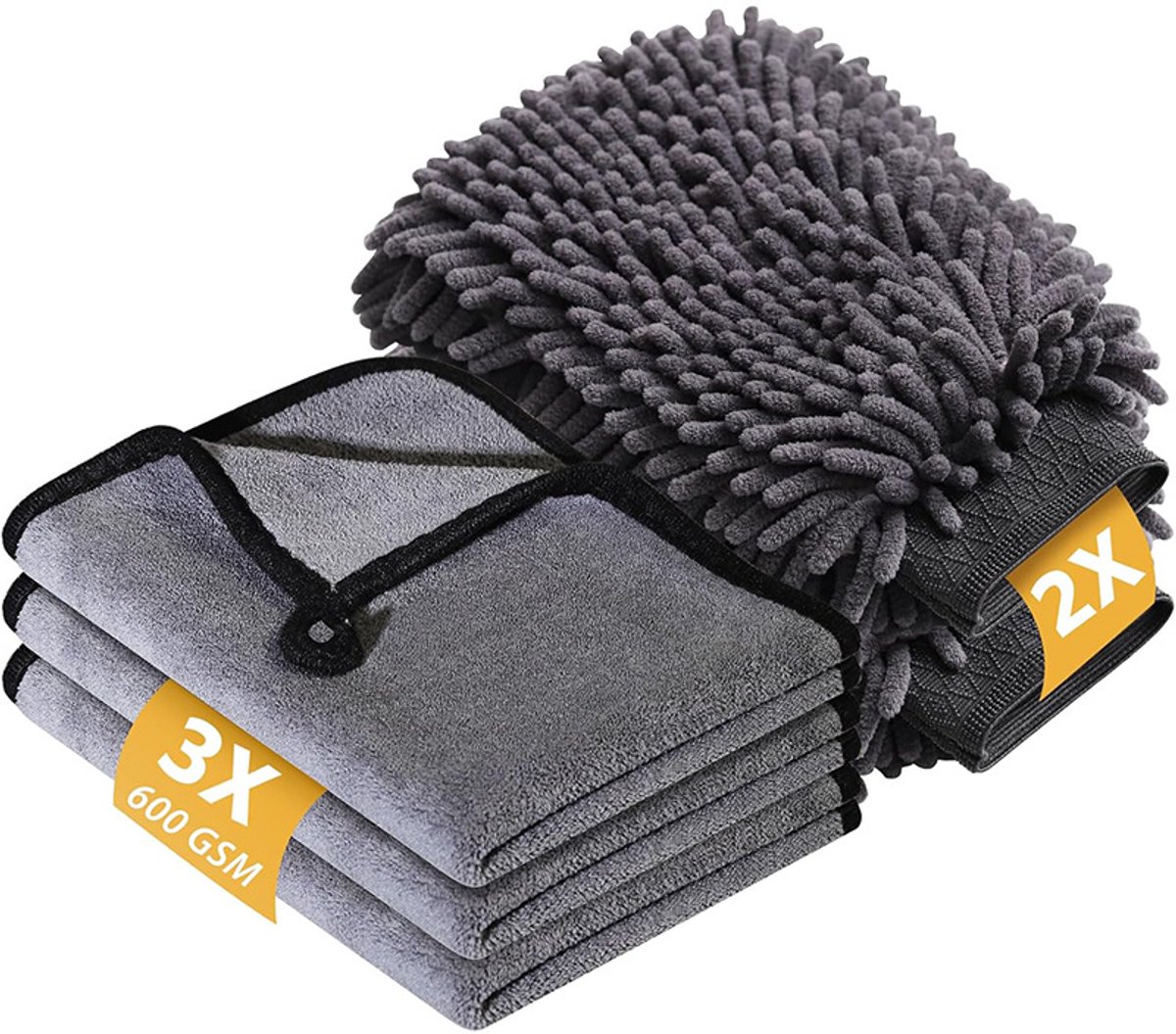 5-delige autopoetsset: 3 x 600 g/m² autowashanddoeken + 2 x autowashandschoenen — Stof- en absorptieset voor huishouden en auto (Grijs)