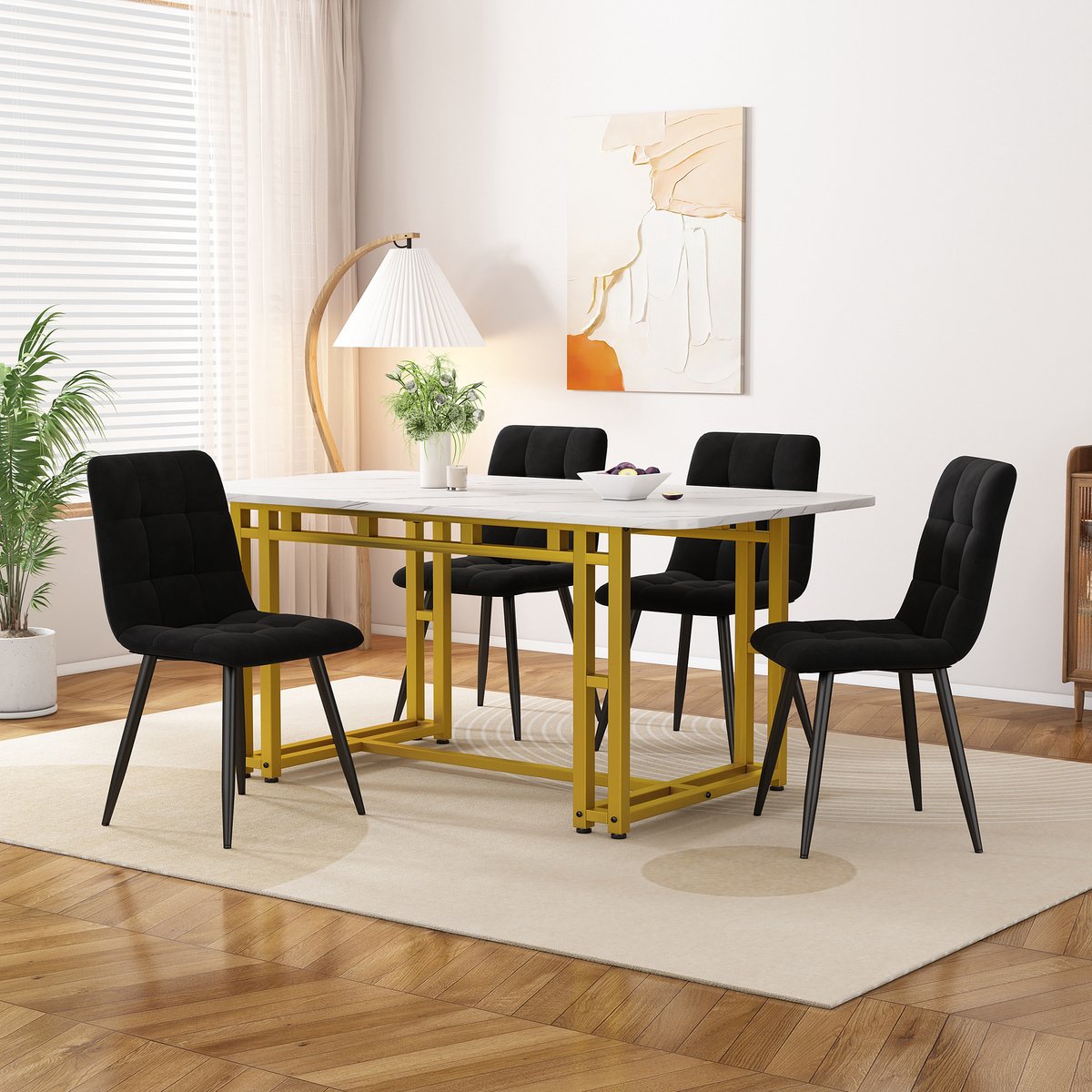 FloraGrace Eethoek Set 5-Delig 120 Cm - Tafel Met 4 Fluwelen Stoelen - Voor Eetkamer En Woonkamer - MDF En Fluweel - Zwart
