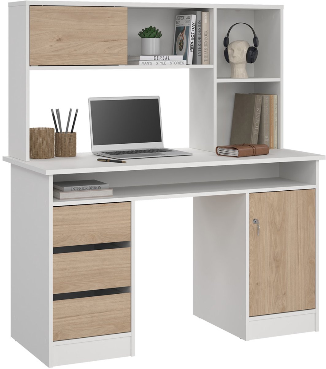 Giga Living Kantoorbureau Function Plus - Wit/Naturel - 126x55x141cm