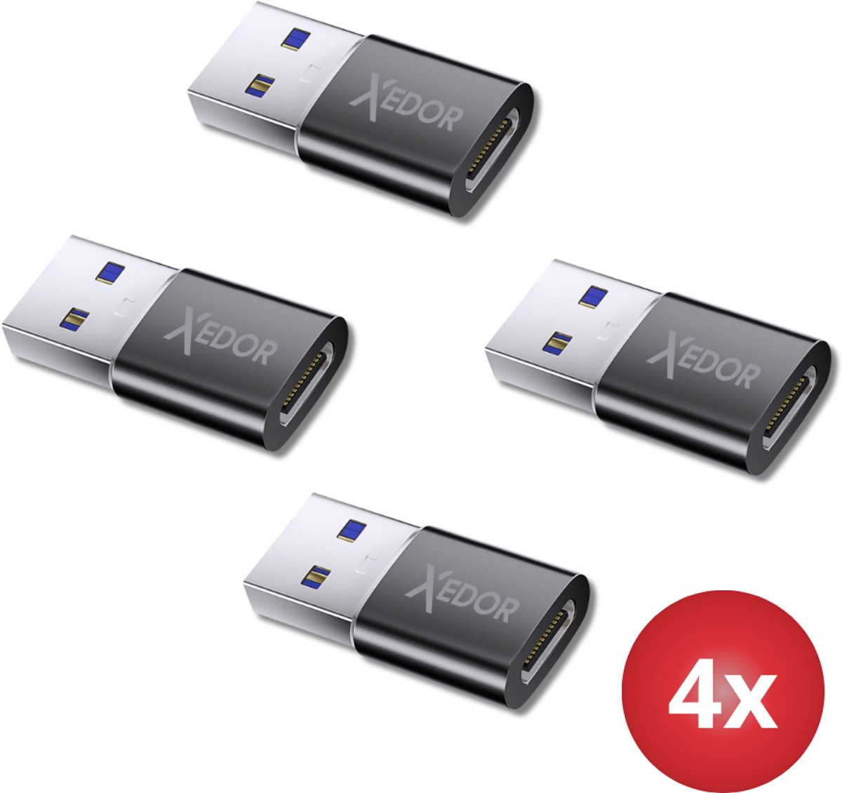 Xedor® Nexa – USB A naar USB C Adapter – 4 Stuks – USB 3.2 Gen 1 – 5 Gbps – Laptops, Smartphones & USB sticks – Zwart