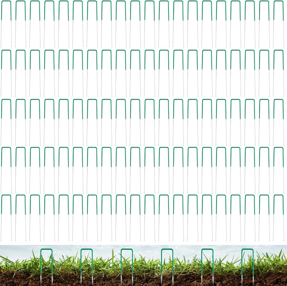 100 Stuks Grondpennen 15 cm U-Vorm Stevige Groene Haringen voor Bodembedekker en Kunstgras