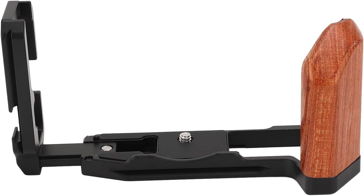 L-vormige camera bracket met houten handgreep en snelkoppelingsplaat voor DSLR, ideaal voor horizontale en verticale opnames
