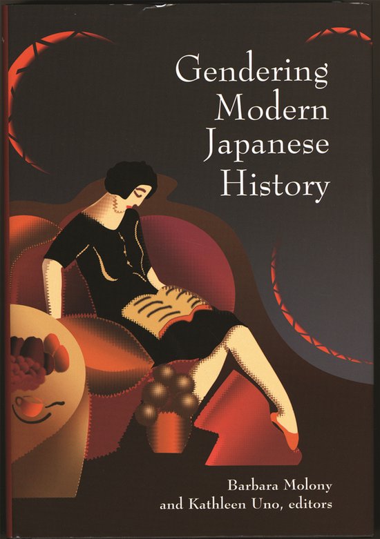 Couverture de livre avec illustration art déco d'une femme en robe noire et accents orange, titre 'Gendering Modern Japanese History'.
