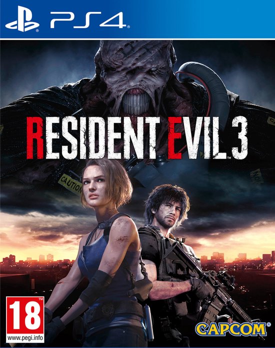 Cover van 'Resident Evil 3' voor PS4. Jill Valentine en Carlos Oliveira staan voor Nemesis, met 'Resident Evil 3' logo.