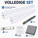 Complete set douchedeurafdichting met 2x 1m transparante strips, snijmes, meetlint, reinigend zakdoekje en microvezeldoek.