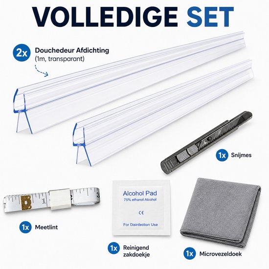Complete set douchedeurafdichting met 2x 1m transparante strips, snijmes, meetlint, reinigend zakdoekje en microvezeldoek.
