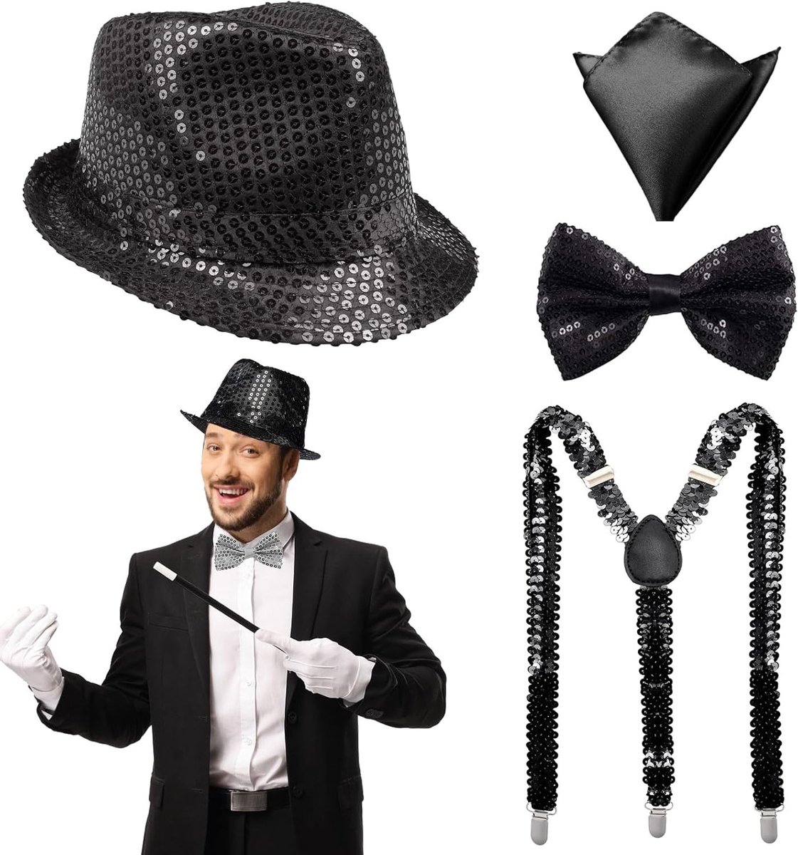 Disco Accessoires voor Mannen - Glanzende Pailletten Set voor 70s Kostuum, Avond Rave en Hip Hop Dans Feestjes (Zwart)