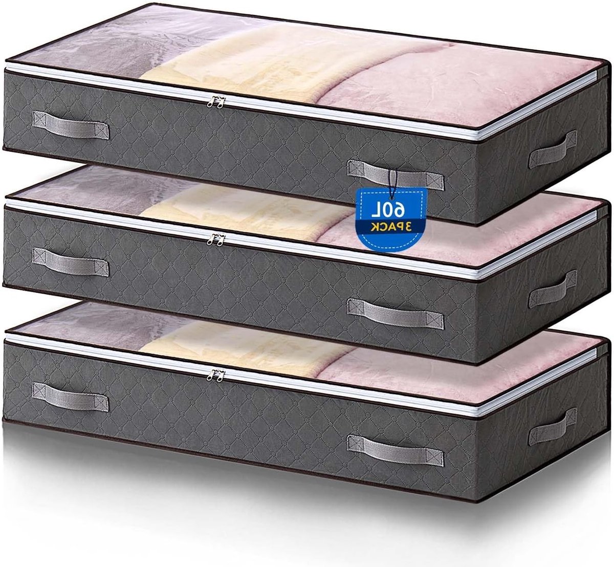 3x Opbergbox Onder Bed - 60L Opbergzakken met Deksel en Handvatten - Vouwbaar