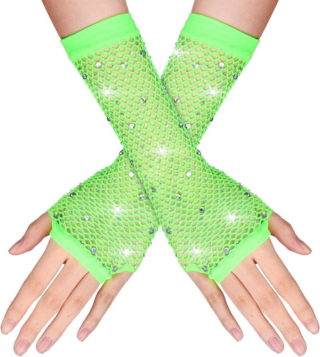 Fingerloze visnet handschoenen met strass voor steampunk en punk kostuums, fluoriserend groen, ideaal voor Halloween en 80s themafeesten, maat M