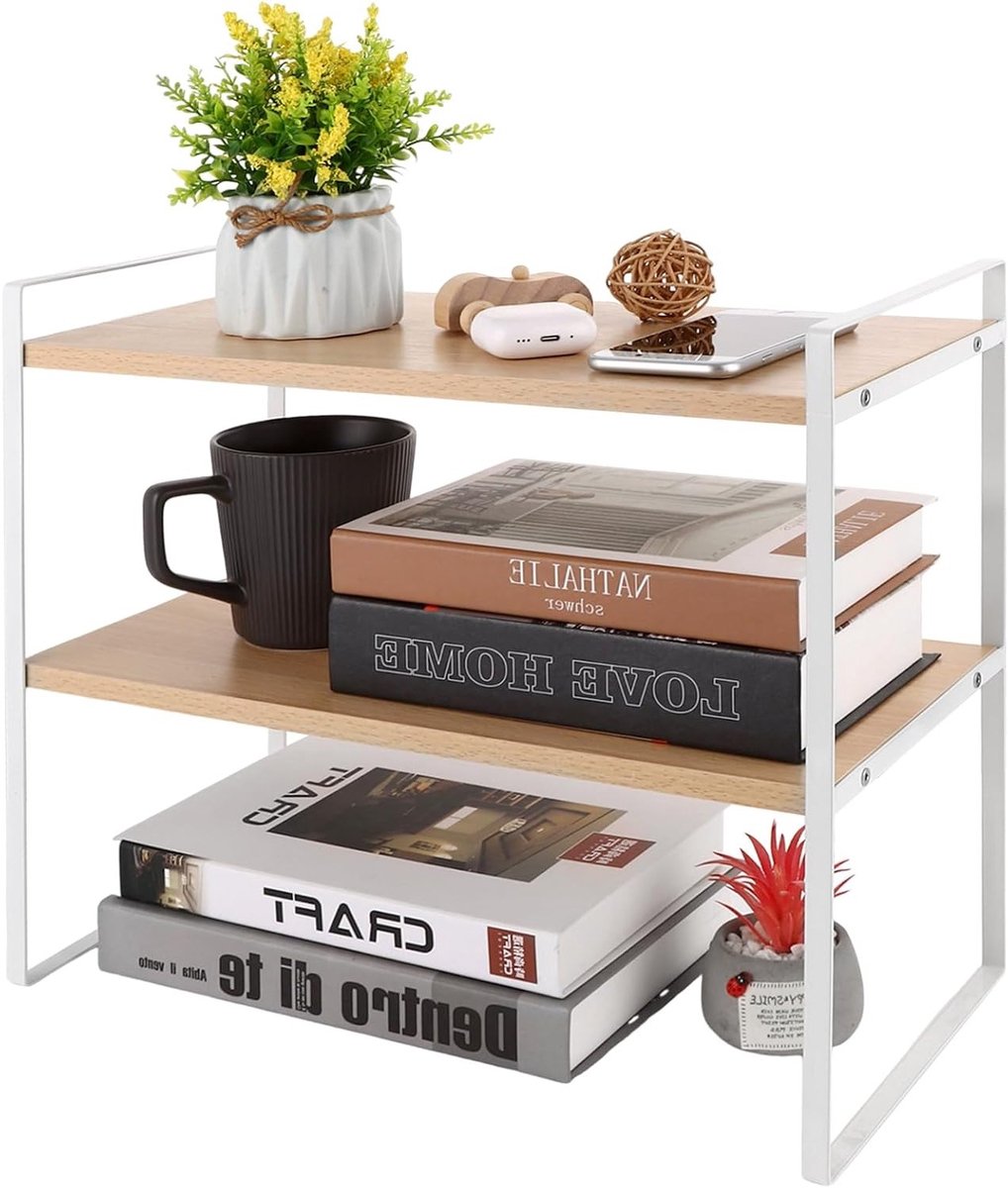 Desk Organiser Rack - Wit - 40 x 20 x 36 cm - Twee Verdiepingen - Houten Boekenplank - Kleine Bureau Opslag Rack voor Bureau - Dagelijkse Items - Specerijen - Bekers