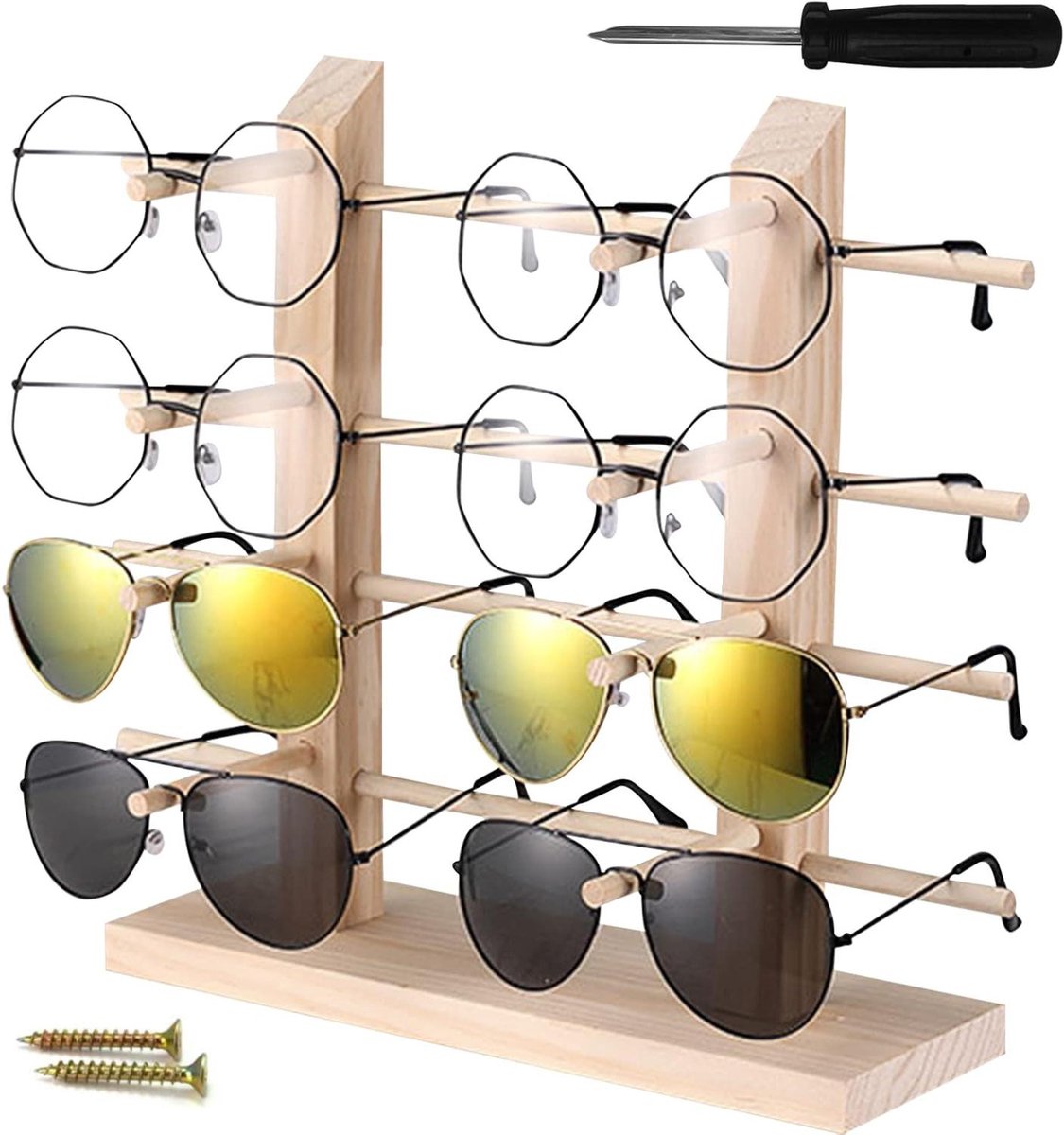 Glazen Displaystandaard - Brilhouder Organizer - Brillen Opbergen - 4 Lagen Dubbel Rij - 28 cm Lengte - Houtkleur