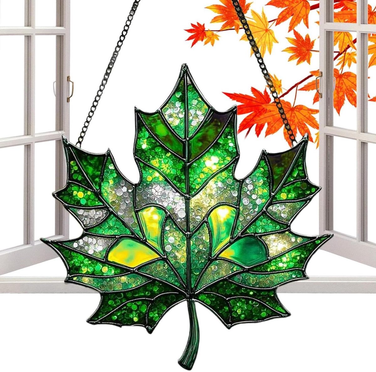 Bladeren Decoratie - Raamhanger Lichtvanger - Interieur Verfraaien - Acryl Gebrandschilderd - 6 x 6 cm - Groen